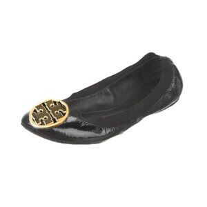 Tory Burch Shiny Black Flats with Gold Emblem